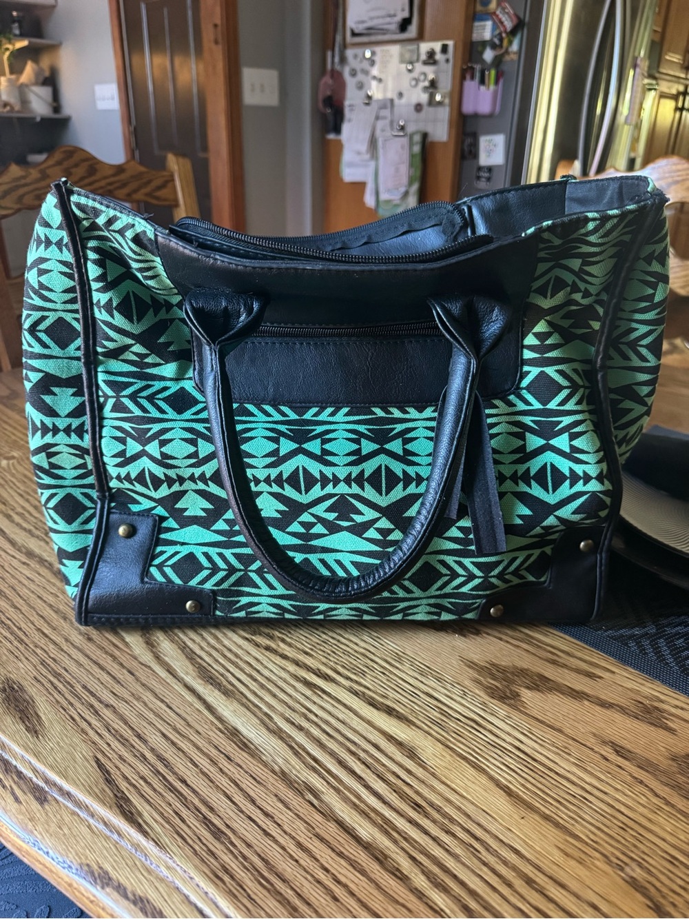 Stylish Aztec-Print Tote Bag in Teal and Black